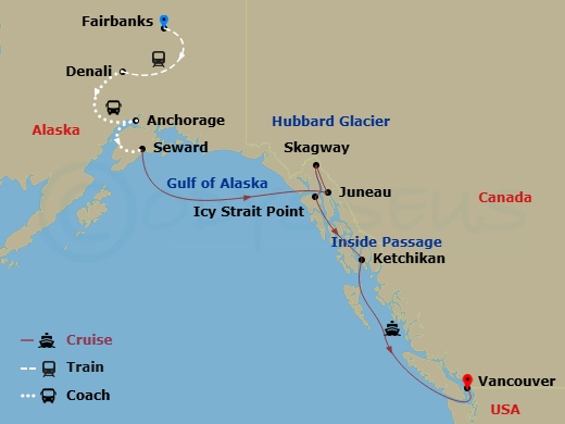 12 Night - Fjord, Tundra & National Parks Ct 6B - Anthem of the Seas Tours - Starting in Fairbanks, Alaska, Denali, Alaska, Anchorage, Alaska, Seward, Alaska, Hubbard Glacier (Cruising), Juneau, Alaska, Skagway, Alaska, Icy Strait Point, Alaska, Ketchikan, Alaska, Vancouver, British Columbia itinerary map