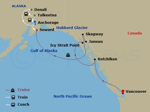 9 Night - Destination Denali Ct 11B - Anthem of the Seas Tours - Starting in Anchorage, Alaska, Talkeetna, Alaska, Denali, Alaska, Anchorage, Alaska, Seward, Alaska, Hubbard Glacier (Cruising), Juneau, Alaska, Skagway, Alaska, Icy Strait Point, Alaska, Ketchikan, Alaska, Vancouver, British Columbia itinerary map