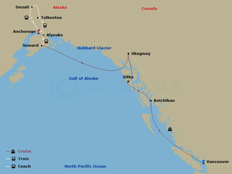 12 Night - Mountain Panorama & Alyeska Ct 5A - Anthem of the Seas Tours - Starting in Vancouver, British Columbia, Ketchikan (Ward Cove), Alaska, Sitka, Alaska, Skagway, Alaska, Hubbard Glacier (Cruising), Seward, Alaska, Alyeska (Girdwood), Alaska, Anchorage, Alaska, Denali, Alaska, Talkeetna, Alaska, Anchorage, Alaska itinerary map