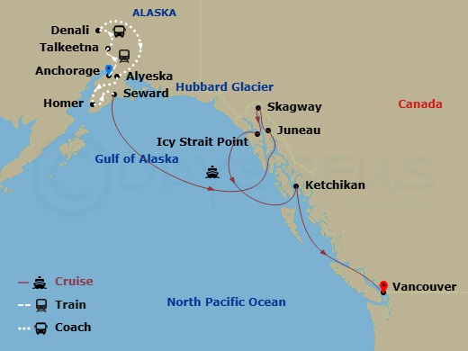 13 Night - Homer Wldlife & Heart of Ak Ult Ct10b - Anthem of the Seas Tours - Starting in Anchorage, Alaska, Talkeetna, Alaska, Denali, Alaska, Alyeska (Girdwood), Alaska, Homer, Alaska, Seward, Alaska, Hubbard Glacier (Cruising), Juneau, Alaska, Skagway, Alaska, Icy Strait Point, Alaska, Ketchikan, Alaska, Vancouver, British Columbia itinerary map