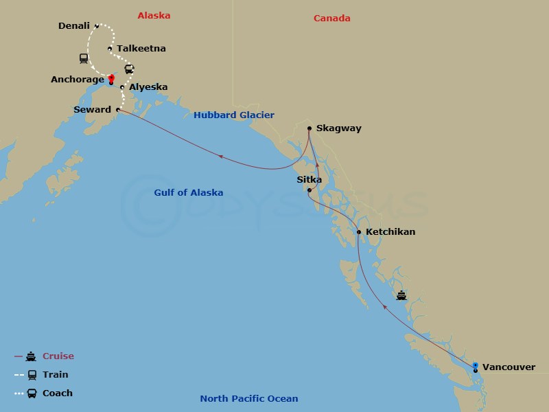 11 Night - Mountain Valley Explorer Ct 3A - Anthem of the Seas Tours - Starting in Vancouver, British Columbia, Ketchikan (Ward Cove), Alaska, Sitka, Alaska, Skagway, Alaska, Hubbard Glacier (Cruising), Seward, Alaska, Alyeska (Girdwood), Alaska, Talkeetna, Alaska, Denali, Alaska, Anchorage, Alaska itinerary map