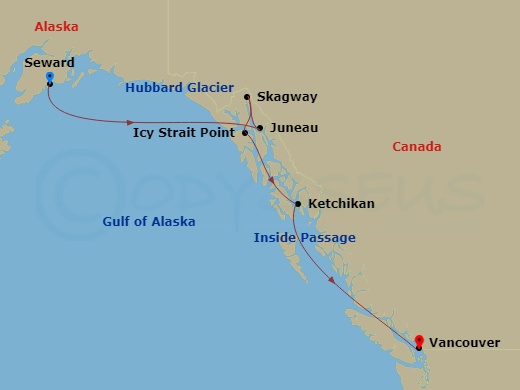 7 Night - Southbound Alaska & Hubbard Glacier - Anthem of the Seas - Starting in Seward, Alaska, Hubbard Glacier (Cruising), Juneau, Alaska, Skagway, Alaska, Icy Strait Point, Alaska, Ketchikan, Alaska, Vancouver, British Columbia itinerary map