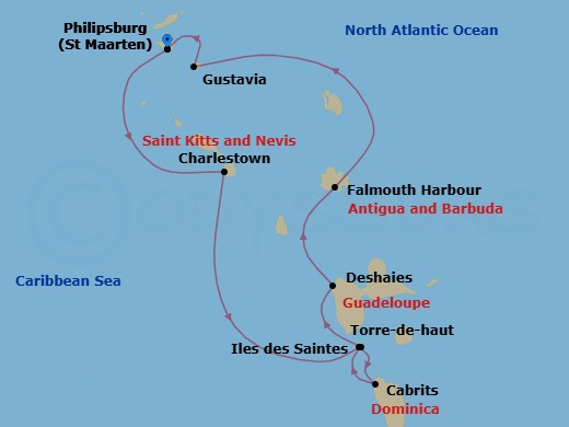 7 Night - Leeward Islands St. Barths Bucket Regatta - Star Flyer - Starting in Philipsburg, St Maarten, Charlestown, Nevis, Sail with Royal Clipper South of Iles Des Saintes, Cabrits, Dominica, Terre-De-Haut, Iles Des Saintes, Deshaies, Guadeloupe, Falmouth Harbour, Antigua, Gustavia, St Barts (Bucket Regatta), Philipsburg, St Maarten itinerary map