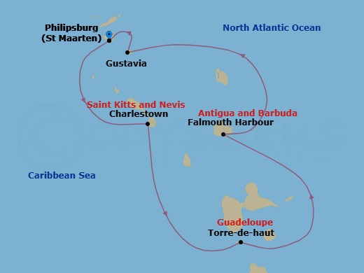 5 Night - Leeward Islands - Star Flyer - Starting in Philipsburg, St Maarten, Charlestown, Nevis, Terre-De-Haut, Iles Des Saintes, Falmouth Harbour, Antigua, Gustavia, St Barts, Philipsburg, St Maarten itinerary map
