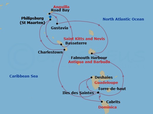 9 Night - Leeward Islands Christmas Cruise - Star Flyer - Starting in Philipsburg, St Maarten, Charlestown, Nevis, Sail with Royal Clipper South of Iles Des Saintes, Cabrits, Dominica, Deshaies, Guadeloupe, Terre-De-Haut, Iles Des Saintes, Falmouth Harbour, Antigua, Gustavia, St Barts, Road Bay, Anguilla, Basseterre, St Kitts (Morning), South Friars Bay, St Kitts, Philipsburg, St Maarten itinerary map