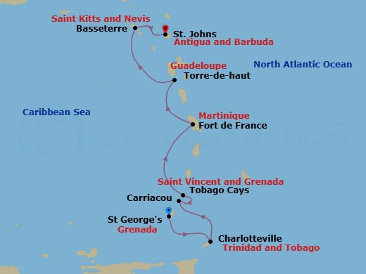 10 Night - Grenada to Antigua - Star Clipper - Starting in St Georges, Grenada, Charlotteville, Tobago, Castara Bay, Tobago, Paradise Beach, Carriacou, Grenada, Saline Bay, Mayreau, Grenadines, Tobago Cays, Grenadines, Admiralty Bay, Bequia, Grenadines, Fort-de-France, Martinique (Morning), Terre De Haut, Iles des Saintes, Basseterre, St Kitts (Morning), South Friars Bay, St Kitts, St Johns AG itinerary map