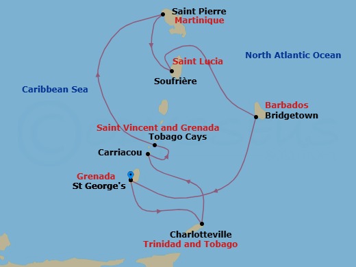 11 Night - Grenada to Grenada - Star Clipper - Starting in St Georges, Grenada, Charlotteville, Tobago, Castara Bay, Tobago, Paradise Beach, Carriacou, Grenada, Tobago Cays, Grenadines, Charlestown Bay, Canouan, Grenadines, Admiralty Bay, Bequia, Grenadines, Saint-Pierre, Martinique, Soufriere, St Lucia, Bridgetown, Barbados, Saline Bay, Mayreau, Grenadines, St Georges, Grenada itinerary map