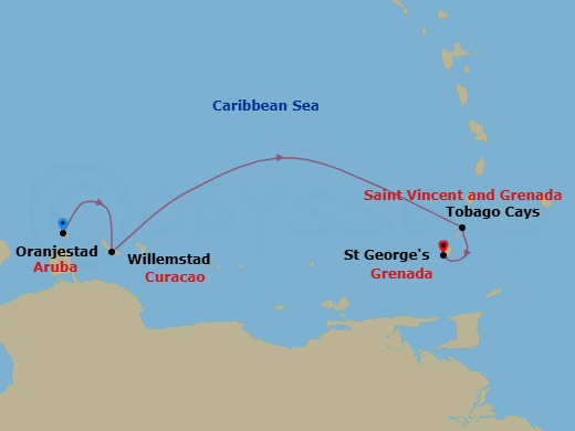 7 Night - Aruba to Grenada - Star Clipper - Starting in Oranjestad, Aruba, Willemstad AN, Curacao, Charlestown Bay, Canouan, Grenadines, Admiralty Bay, Bequia, Grenadines, Tobago Cays, Grenadines, St Georges, Grenada itinerary map