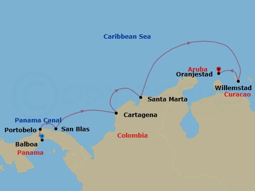 12 Night - Panama to Aruba - Star Clipper - Starting in Balboa (Isla Flamenco), Panama, Panama Canal Transit, Portobelo, Panama, San Blas Archipelago, Panama, Cartagena De Indias, Colombia, Santa Marta, Colombia, Willemstad AN, Curacao, Oranjestad, Aruba itinerary map
