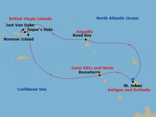 5 Night - Antigua to Antigua - Star Clipper - Starting in St Johns AG, Road Bay, Anguilla, White Bay, Jost Van Dyke, Sopers Hole, Tortola, Sailing Sir Francis Drake Channel, The Bight / Norman Island, British Virgin Islands, Basseterre, St Kitts (Morning), St Johns AG itinerary map