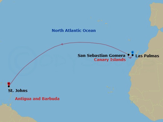 15 Night - Westbound Atlantic Ocean Crossing - Star Clipper - Starting in Las Palmas, Gran Canaria / Canary Islands, Spain, San Sebastian / La Gomera, Spain, St Johns AG, Antigua itinerary map