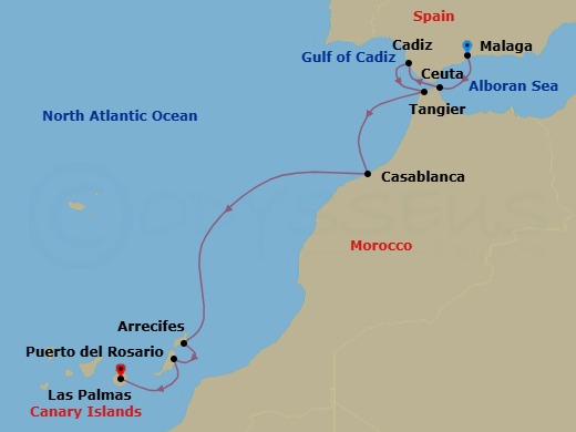 9 Night - Morocco & Canary Islands - Star Clipper - Starting in Malaga, Spain, Ceuta, Spain, Cadiz, Spain, Tangier, Morocco, Casablanca, Morocco, Arrecife / Lanzarote / Canary Islands, Spain, Puerto Del Rosario, Fuerteventura / Canary Islands, Spain, Las Palmas, Gran Canaria / Canary Islands, Spain itinerary map