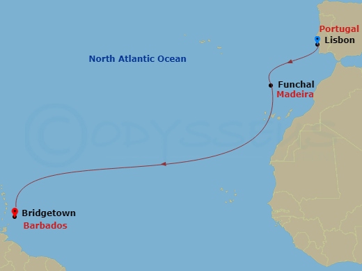 15 Night - Westbound Atlantic Ocean Crossing - Royal Clipper - Starting in Lisbon, Portugal, Portimao, Portugal, Funchal, Madeira, Portugal, Bridgetown, Barbados itinerary map