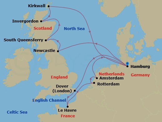 14 Night - Southern Europe Roundtrip from Hamburg - Costa Favolosa - Starting in Hamburg, Newcastle upon Tyne, South Queensferry, UK, Invergordon (Inverness), Kirkwall (Orkney), Hamburg, Dover UK (London), Le Havre, Rotterdam, Amsterdam, Hamburg itinerary map