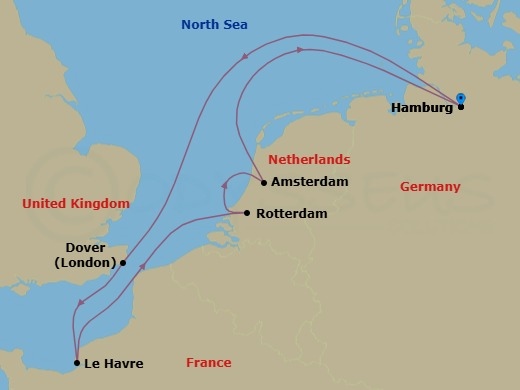 7 Night - Cruise Roundtrip from Hamburg - Costa Favolosa - Starting in Hamburg, Dover UK (London), Le Havre, Rotterdam, Amsterdam, Hamburg itinerary map