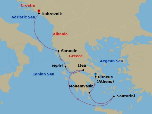 7 Night - Greece & Dalmatian Delights - Seabourn Quest - Starting in Piraeus (Athens), Greece, Monemvasia, Greece, Santorini, Greece, Itea (Delphi), Greece, Nydri, Lefkada, Greece, Sarande, Albania, Dubrovnik, Croatia itinerary map