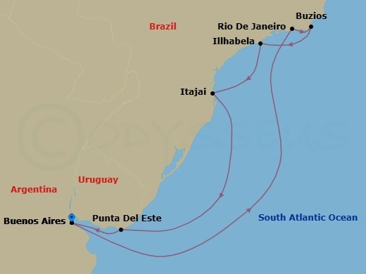 9 Night - South America - MSC Splendida - Starting in Buenos Aires, Argentina, Rio De Janeiro, Brazil, Buzios, Brazil, Ilhabela, Brazil, Itajai, Brazil, Punta Del Este, Uruguay, Buenos Aires, Argentina itinerary map