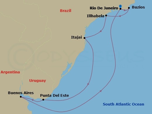 9 Night - South America - MSC Splendida - Starting in Rio De Janeiro, Brazil, Buzios, Brazil, Ilhabela, Brazil, Itajai, Brazil, Punta Del Este, Uruguay, Buenos Aires, Argentina, Rio De Janeiro, Brazil itinerary map