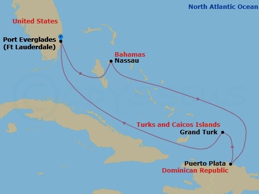 6 Night - Eastern Caribbean Cruise - Explorer of the Seas - Starting in Fort Lauderdale, Florida, Nassau, Bahamas, Puerto Plata, Dominican Republic, Grand Turk, Turks and Caicos, Fort Lauderdale, Florida itinerary map