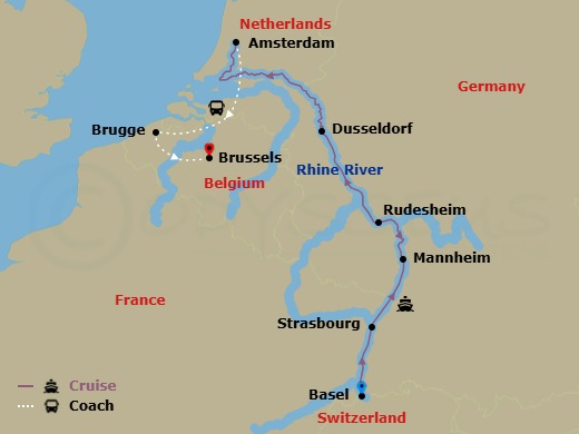 10 Night - Rhine Christmas Markets with Enchanting Belgium - Scenic Jewel - Starting in Basel (Huningue), Strasbourg, Mannheim, Rudesheim, Rudesheim / Cologne, Dusseldorf, Amsterdam / Bruges, Bruges, Bruges / Brussels, Brussels itinerary map