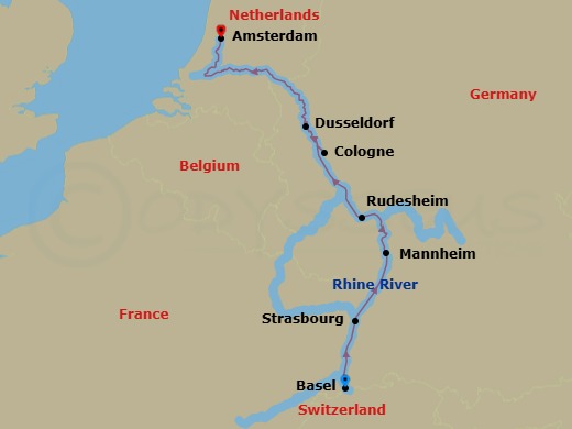 9 Night - Rhine Christmas Markets with Amsterdam - Scenic Ruby - Starting in Basel (Huningue), Strasbourg, Mannheim, Rudesheim, Rudesheim / Cologne, Dusseldorf, Amsterdam itinerary map
