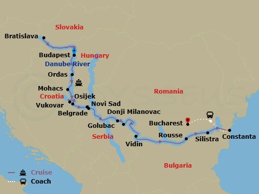 15 Night - Lower Danube Discovery - Scenic Amber - Starting in Budapest, Bratislava, Bratislava / Budapest, Budapest, Ordas / Mohacs, Mohacs / Osijek, Vukovar, Novi Sad, Belgrade, Golubac / Donji Milanovac, Vidin, Rousse, Silistra / Constanta, Constanta, Constanta / Bucharest, Bucharest itinerary map