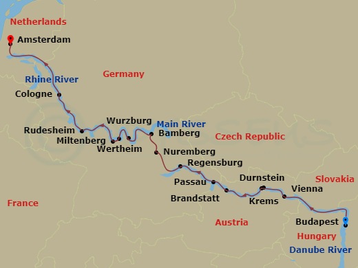 16 Night - Jewels of Europe with Amsterdam - Scenic Opal - Starting in Budapest, Vienna, Krems / Durnstein, Passau, Regensburg, Nuremberg, Bamberg, Wurzburg, Wertheim / Miltenberg, Rudesheim / Rhine Gorge / Bonn, Cologne, Amsterdam itinerary map
