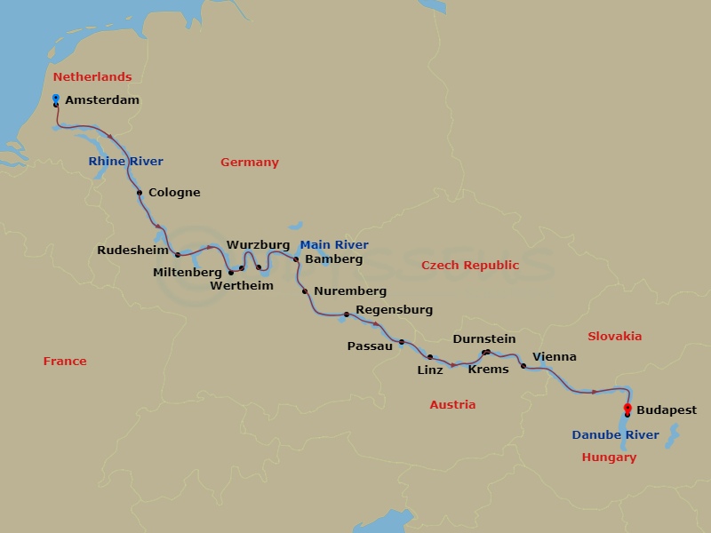 16 Night - Jewels of Europe with Amsterdam - Scenic Opal - Starting in Amsterdam, Cologne / Bonn, Rhine Gorge / Rudesheim, Miltenberg / Wertheim, Wurzburg, Bamberg, Nuremberg, Regensburg, Passau, Durnstein / Krems, Vienna, Budapest itinerary map