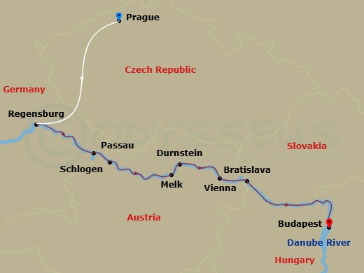 10 Night - Gems of the Danube with Prague - Scenic Jewel - Starting in Prague, Prague / Regensburg, Regensburg, Passau / Schlogen, Melk / Durnstein, Vienna, Bratislava, Budapest itinerary map