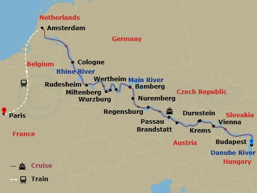 17 Night - Jewels of Europe with Paris - Scenic Pearl - Starting in Budapest, Vienna, Krems / Durnstein, Passau, Regensburg, Nuremberg, Bamberg, Wurzburg, Wertheim / Miltenberg, Rudesheim / Rhine Gorge / Bonn, Cologne, Amsterdam, Amsterdam / Paris, Paris itinerary map