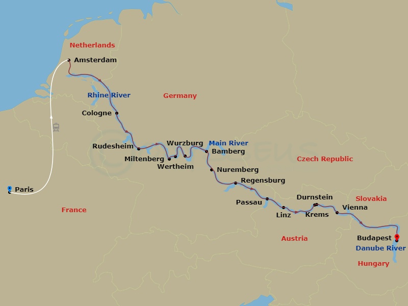 17 Night - Jewels of Europe with Paris - Scenic Jade - Starting in Paris, Paris / Amsterdam, Amsterdam, Cologne / Bonn, Rhine Gorge / Rudesheim, Miltenberg / Wertheim, Wurzburg, Bamberg, Nuremberg, Regensburg, Passau, Durnstein / Krems, Vienna, Budapest itinerary map