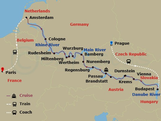 20 Night - Jewels of Europe with Paris & Prague - Scenic Pearl - Starting in Prague, Prague / Budapest, Budapest, Vienna, Krems / Durnstein, Passau, Regensburg, Nuremberg, Bamberg, Wurzburg, Wertheim / Miltenberg, Rudesheim / Rhine Gorge / Bonn, Cologne, Amsterdam, Amsterdam / Paris, Paris itinerary map