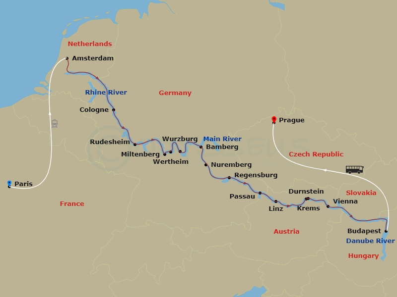 20 Night - Jewels of Europe with Paris & Prague - Scenic Jade - Starting in Paris, Paris / Amsterdam, Amsterdam, Cologne / Bonn, Rhine Gorge / Rudesheim, Miltenberg / Wertheim, Wurzburg, Bamberg, Nuremberg, Regensburg, Passau, Durnstein / Krems, Vienna, Budapest, Budapest / Prague, Prague itinerary map
