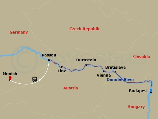 7 Night - Gems of the Danube - Scenic Jewel - Starting in Budapest, Bratislava, Vienna, Durnstein / Melk, Linz, Passau, Passau / Munich itinerary map