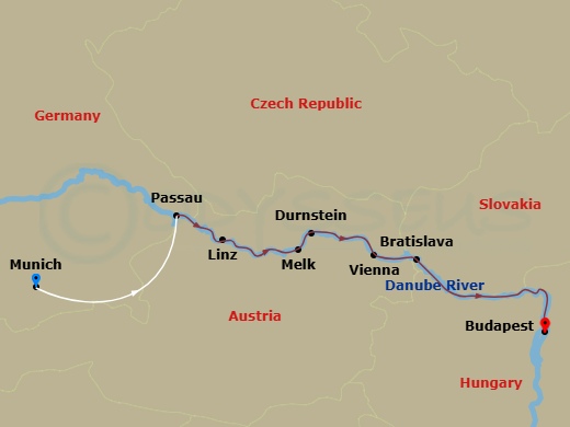 7 Night - Gems of the Danube - Scenic Jewel - Starting in Munich / Passau, Passau, Linz, Melk / Durnstein, Vienna, Bratislava, Budapest itinerary map