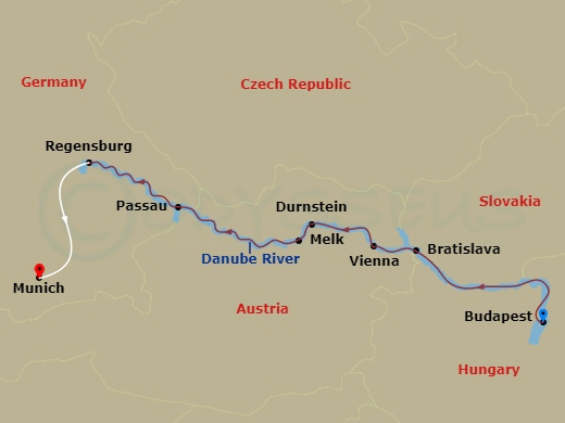 7 Night - Gems of the Danube - Scenic Jewel - Starting in Budapest, Bratislava, Vienna, Durnstein / Melk, Brandstatt / Passau, Regensburg, Regensburg / Munich itinerary map