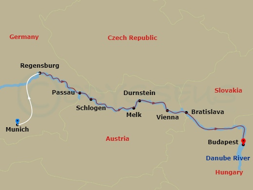 7 Night - Gems of the Danube - Scenic Jewel - Starting in Munich / Regensburg, Regensburg, Passau / Schlogen, Melk / Durnstein, Vienna, Bratislava, Budapest itinerary map