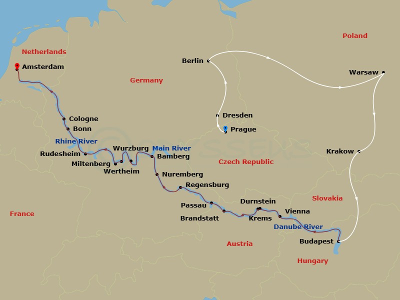 23 Night - Jewels of Europe with Eastern Europe Explorer - Scenic Opal - Starting in Prague, Prague / Dresden / Berlin, Berlin, Berlin / Warsaw, Warsaw, Warsaw / Krakow, Krakow, Krakow / Budapest, Budapest, Vienna, Krems / Durnstein, Passau, Regensburg, Nuremberg, Bamberg, Wurzburg, Wertheim / Miltenberg, Rudesheim / Rhine Gorge / Bonn, Cologne, Amsterdam itinerary map