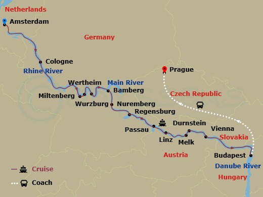 17 Night - Christmas & New Year with Prague - Scenic Jasper - Starting in Amsterdam, Cologne, Cruising Day, Miltenberg, Wurzburg, Bamberg, Nuremberg, Regensburg, Passau / Linz, Melk / Durnstein, Vienna, Budapest, Budapest / Prague, Prague itinerary map