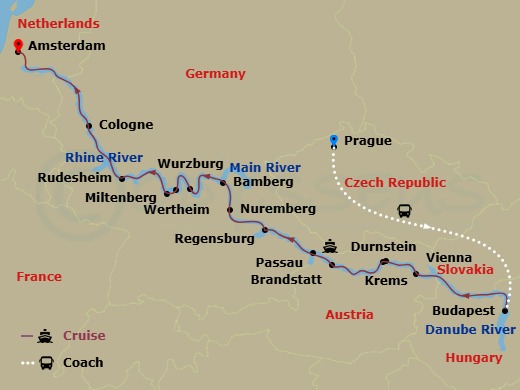 17 Night - Jewels of Europe with Prague - Scenic Pearl - Starting in Prague, Prague / Budapest, Budapest, Vienna, Krems / Durnstein, Passau, Regensburg, Nuremberg, Bamberg, Wurzburg, Wertheim / Miltenberg, Rudesheim / Rhine Gorge / Bonn, Cologne, Amsterdam itinerary map