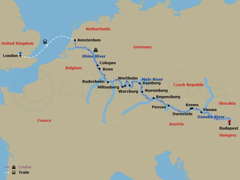 17 Night - Jewels of Europe with London - Scenic Pearl - Starting in London, London / Amsterdam, Amsterdam, Cologne / Bonn, Rhine Gorge / Rudesheim, Miltenberg / Wertheim, Wurzburg, Bamberg, Nuremberg, Regensburg, Passau, Durnstein / Krems, Vienna, Budapest itinerary map