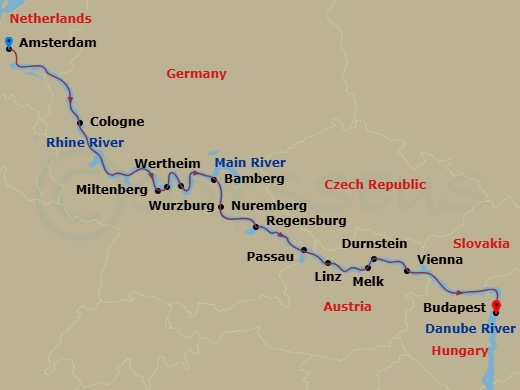 14 Night - Christmas & New Year - Scenic Jasper - Starting in Amsterdam, Cologne, Cruising Day, Miltenberg, Wurzburg, Bamberg, Nuremberg, Regensburg, Passau / Linz, Melk / Durnstein, Vienna, Budapest itinerary map
