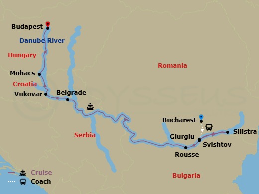 8 Night - Eastern Europe & Balkans Unveiled - Scenic Crystal - Starting in Bucharest, Bucharest / Giurgiu, Silistra, Rousse / Svishtov, Cruising Day, Belgrade, Vukovar, Mohacs, Budapest itinerary map