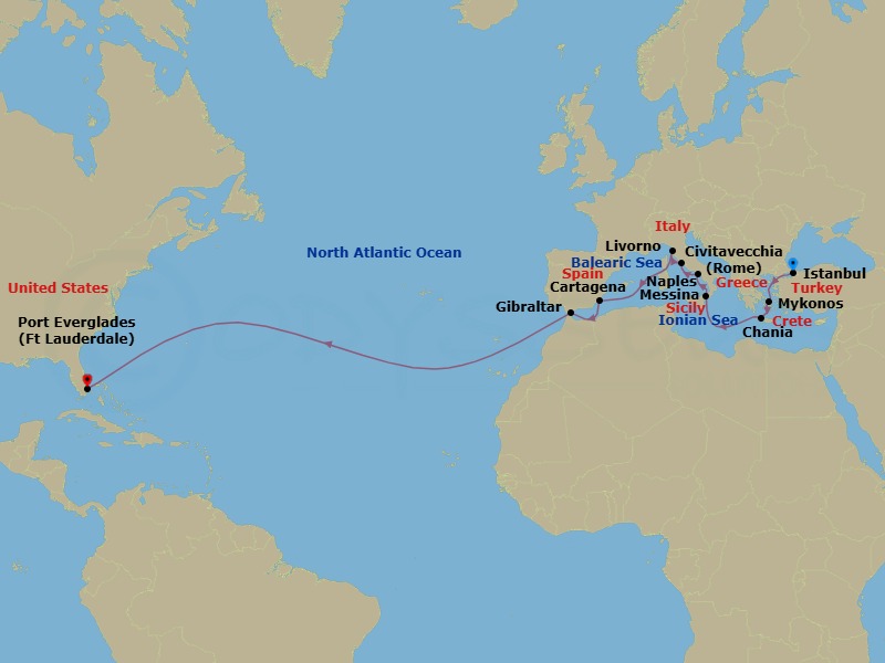 21 Night - Mediterranean Crossing : Greek Isles, Italy & Spain - Rotterdam - Starting in Istanbul, Turkey, Mykonos, Greece, Souda (Chania), Greece, Messina, Italy, Cruising Strait of Messina, Evening cruising Stromboli Volcano, Naples (Pompeii / Amalfi), Italy, Civitavecchia (Rome), Italy, Livorno (Florence / Pisa), Italy, Cartagena ES, Gibraltar, Fort Lauderdale, Florida itinerary map