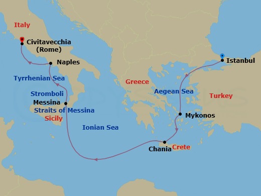 7 Night - Mediterranean Splendor : Greek Isles, Sicily & Naples - Rotterdam - Starting in Istanbul, Turkey, Mykonos, Greece, Souda (Chania), Greece, Messina, Italy, Cruising Strait of Messina, Evening cruising Stromboli Volcano, Naples (Pompeii / Amalfi), Italy, Civitavecchia (Rome), Italy itinerary map