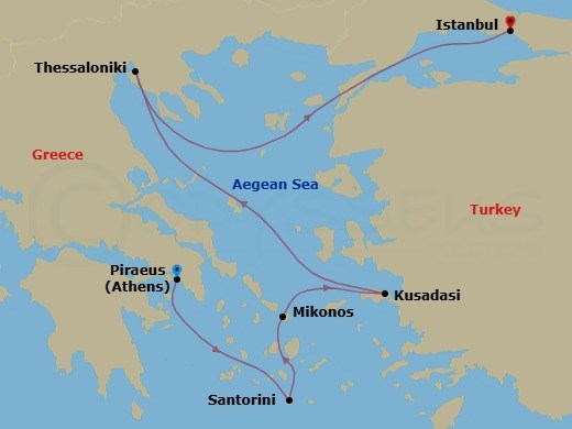 7 Night - Greek Isles : Santorini, Mykonos & Ephesus - Rotterdam - Starting in Piraeus (Athens), Greece, Thira (Santorini), Greece, Mykonos, Greece, Kusadasi (Ephesus), Turkey, Thessaloniki, Greece, Istanbul, Turkey itinerary map