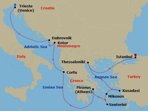 14 Night - Adriatic Antiquities, Greek Isles & Venice Overnight - Rotterdam - Starting in Trieste (Venice), Italy, Dubrovnik, Croatia, Kotor, Montenegro, Kerkira, (Corfu), Greece, Piraeus (Athens), Greece, Thira (Santorini), Greece, Mykonos, Greece, Kusadasi (Ephesus), Turkey, Thessaloniki, Greece, Istanbul, Turkey itinerary map
