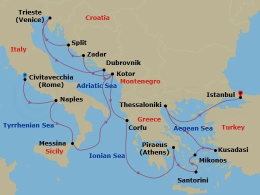 21 Night - Around Italy's Boot : Greek Isles & Venice Overnight - Rotterdam - Starting in Civitavecchia (Rome), Italy, Naples (Pompeii / Amalfi), Italy, Messina, Italy, Kotor, Montenegro, Split, Croatia, Zadar, Croatia, Trieste (Venice), Italy, Dubrovnik, Croatia, Kotor, Montenegro, Kerkira, (Corfu), Greece, Piraeus (Athens), Greece, Thira (Santorini), Greece, Mykonos, Greece, Kusadasi (Ephesus), Turkey, Thessaloniki, Greece, Istanbul, Turkey itinerary map