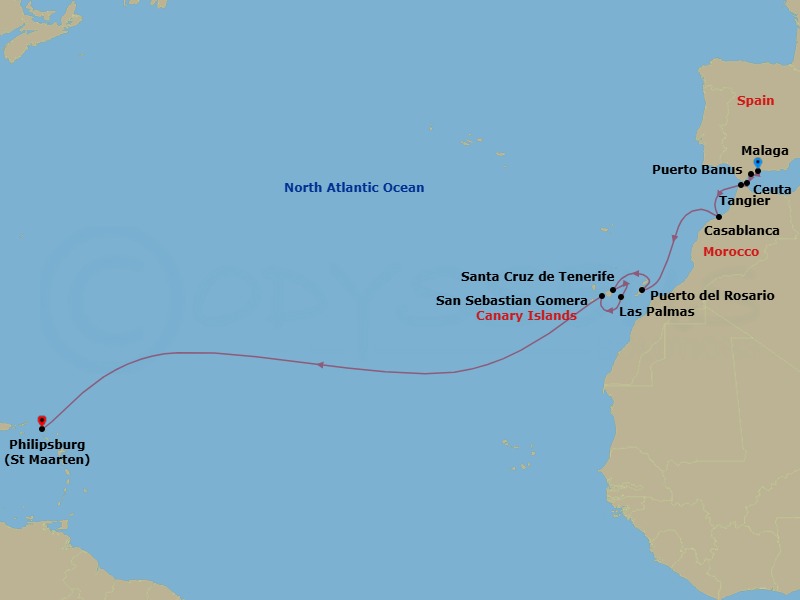 24 Night - Westbound Atlantic Ocean Crossing - Star Flyer - Starting in Malaga, Spain, Puerto Banus (Marbella), Spain, Ceuta, Spain, Tangier, Morocco, Casablanca, Morocco, Puerto Del Rosario, Fuerteventura / Canary Islands, Spain, Santa Cruz de Tenerife, Las Palmas / Gran Canaria / Canary Islands, Spain, San Sebastian / La Gomera, Spain, Philipsburg, St Maarten itinerary map
