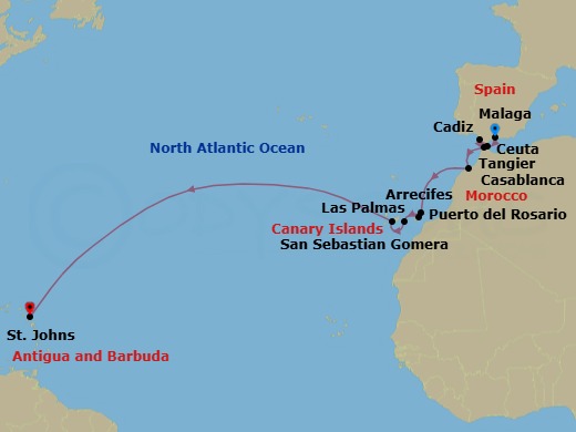 24 Night - Westbound Atlantic Ocean Crossing - Star Clipper - Starting in Malaga, Spain, Ceuta, Spain, Cadiz, Spain, Tangier, Morocco, Casablanca, Morocco, Arrecife / Lanzarote / Canary Islands, Spain, Puerto Del Rosario, Fuerteventura / Canary Islands, Spain, Las Palmas, Gran Canaria / Canary Islands, Spain, San Sebastian / La Gomera, Spain, St Johns AG, Antigua itinerary map